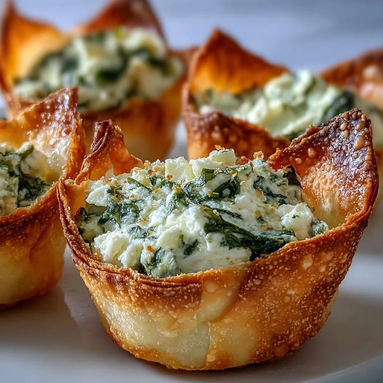 Freshly baked Crispy Spinach Feta Wonton Cups garnished with dill, arranged on a rustic wooden serving board.