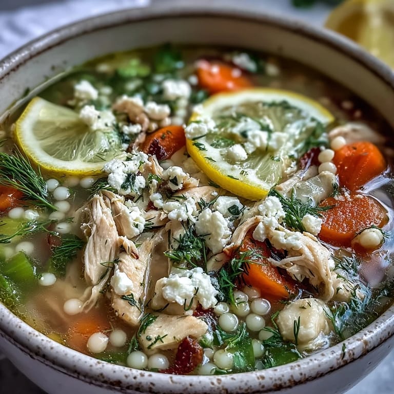 Close-up shot of tender shredded chicken and pearl couscous in a golden lemon broth, with a side of crusty bread for dipping.