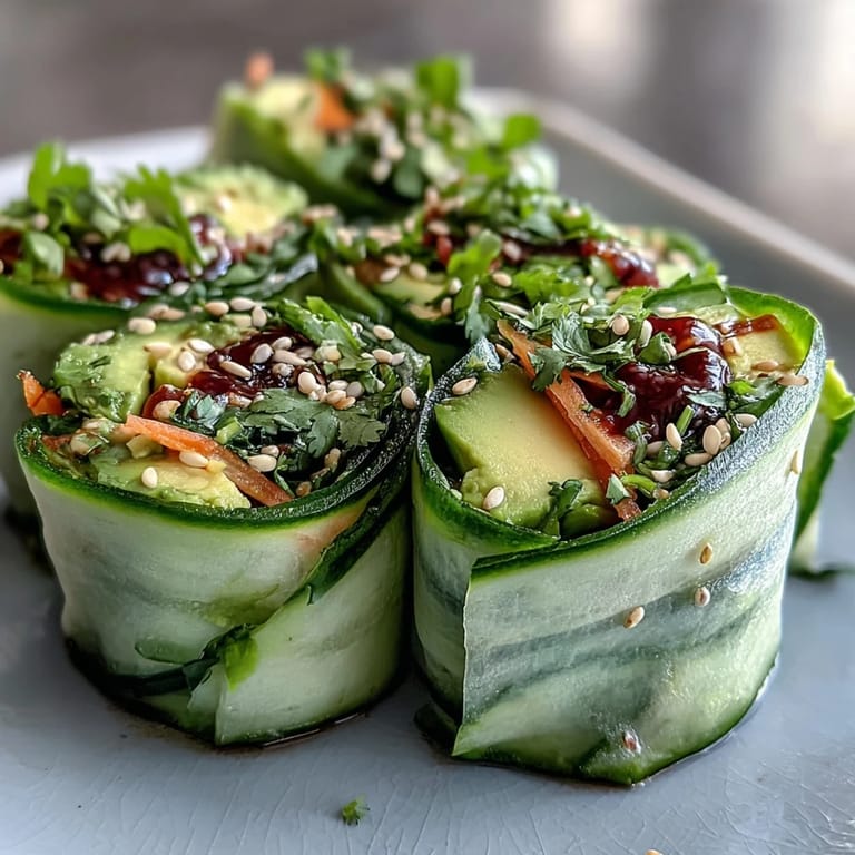 Close-up of Light Cucumber Avocado Rolls with Sesame, showing creamy avocado and crisp cucumber rolled tightly with sesame seeds.