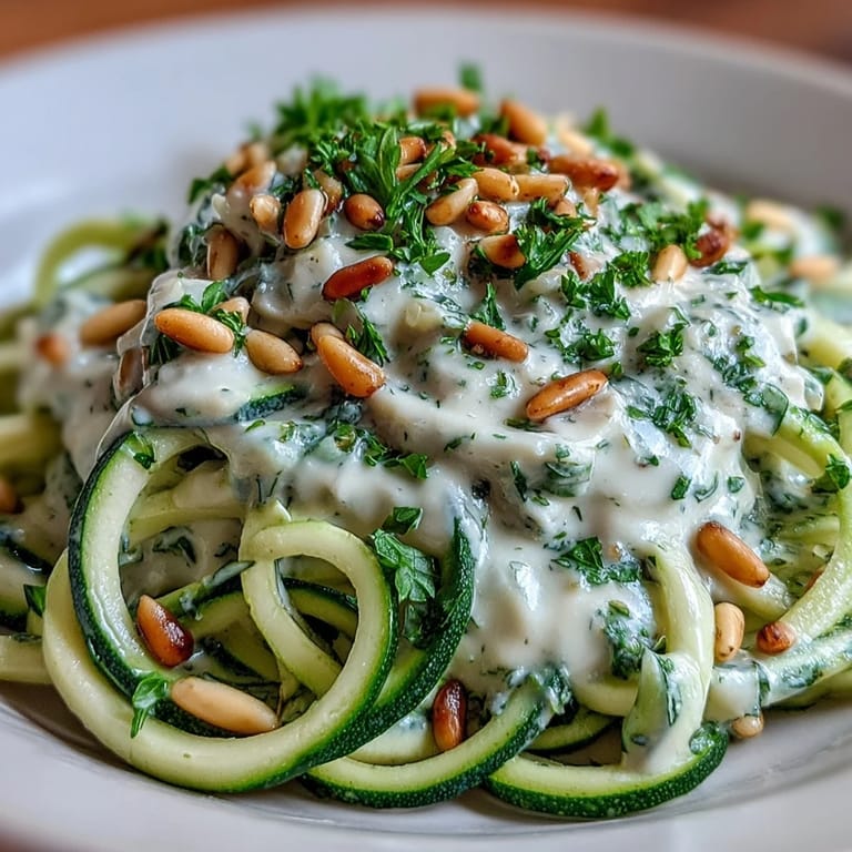 A close-up of Vegan Creamy Cashew Alfredo over Zucchini Noodles, highlighting the silky sauce coating spiralized zucchini ribbons.