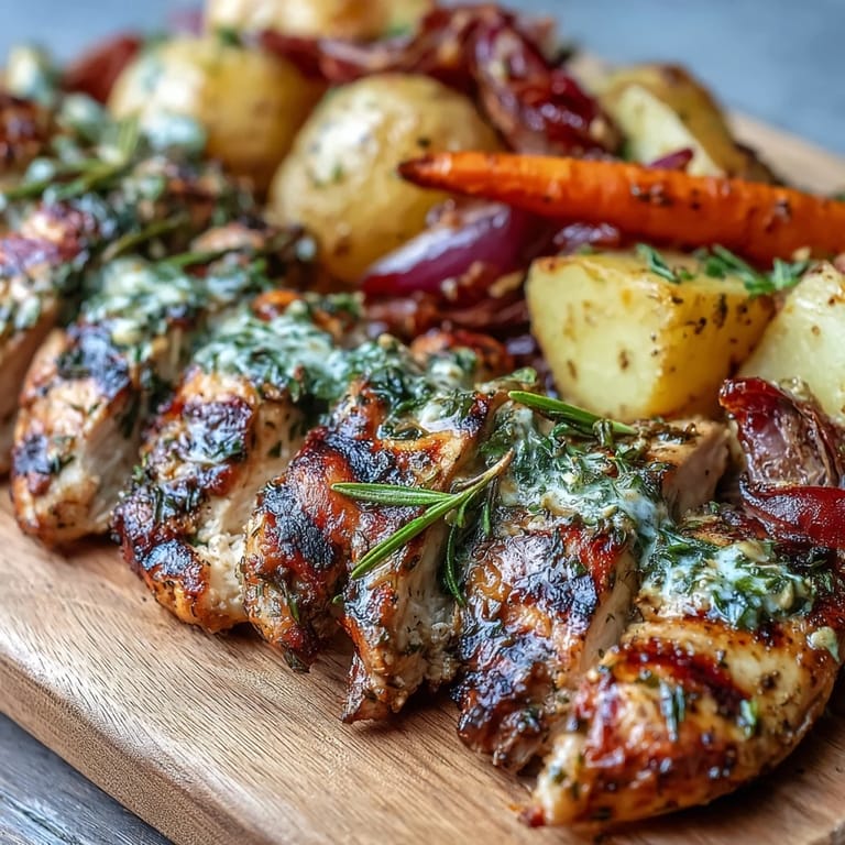 Tender grilled herb chicken served alongside golden roasted potatoes and red onion wedges.