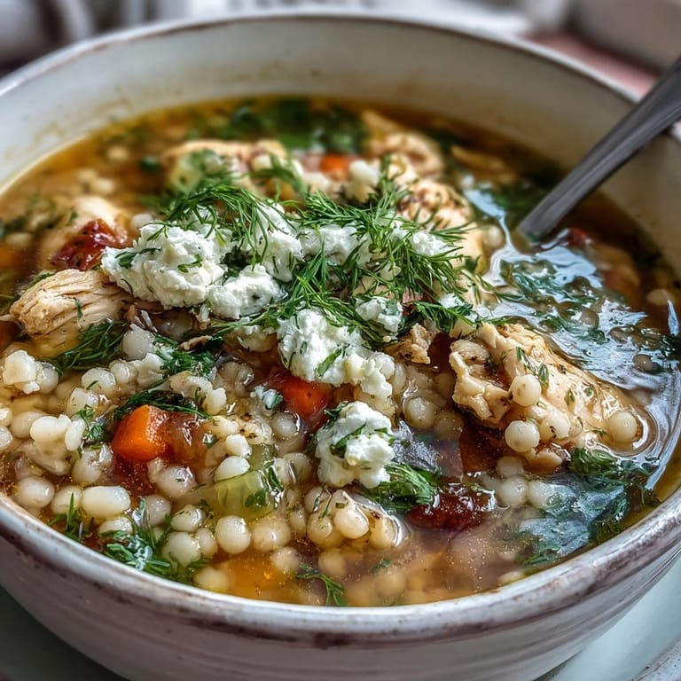 Bright and zesty Greek Chicken & Pearl Couscous Soup topped with feta and a sprig of dill.