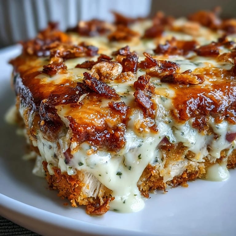 Creamy Keto Chicken Cordon Bleu Casserole with tender chicken and smoky ham, bubbling with rich mustard sauce and golden Swiss cheese topping in a white dish.