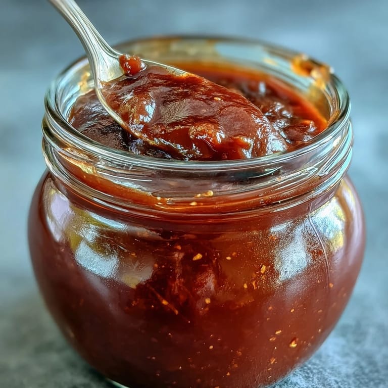 Smooth and vibrant guava BBQ sauce, blending sweet fruit paste with warm spices, served in a dipping bowl with crispy fried plantains.