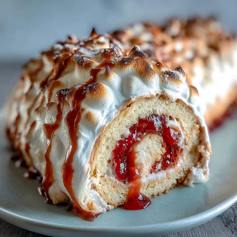 Rich Puerto Rican dessert featuring tender cake, vibrant guava filling, and airy meringue swirls.