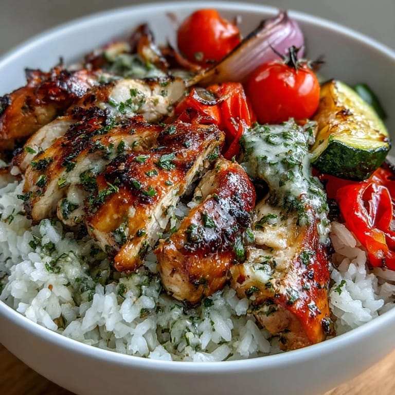 Wholesome bowl featuring herb-marinated chicken breast, a rainbow of roasted veggies, and fragrant rice, all brightened by a tangy lemon dressing.  