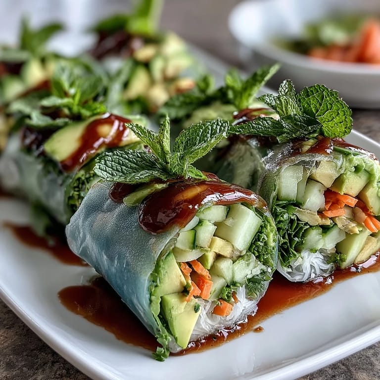 Colorful rice paper rolls packed with mango, avocado, and herbs, perfect for a healthy appetizer or light meal.  