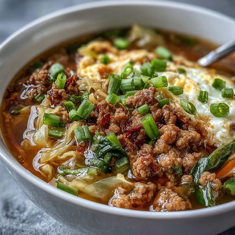Rich and aromatic egg roll soup with tender cabbage, carrots, and ground pork simmered in a flavorful broth, topped with green onions.  