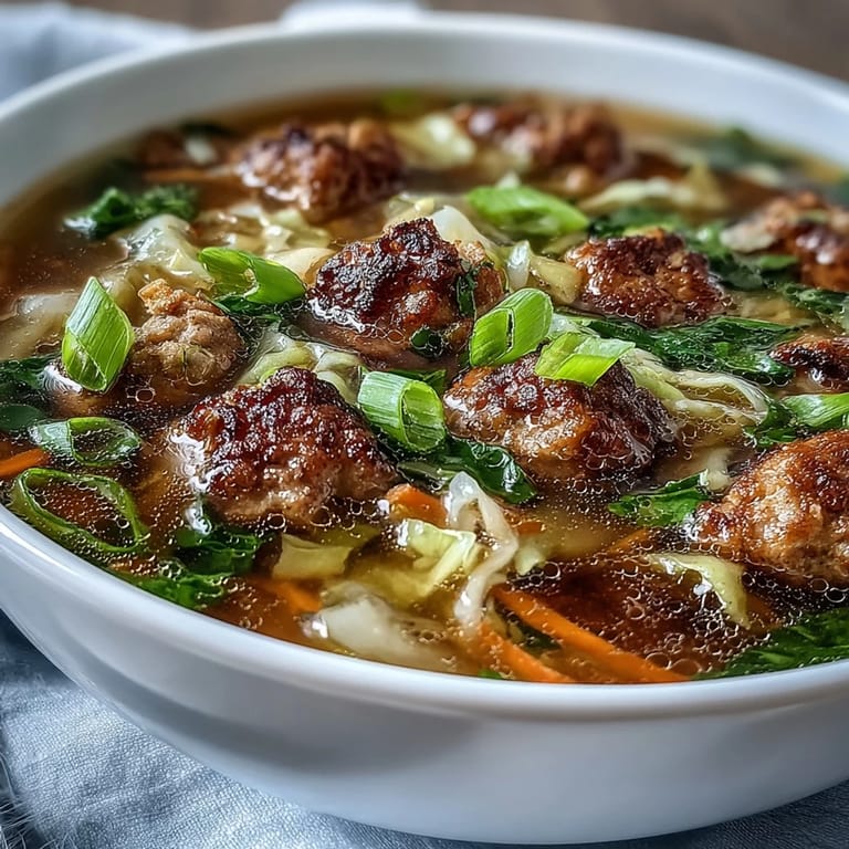 Comforting one-pot egg roll soup featuring ginger-spiced pork, crunchy vegetables, and silky egg ribbons in a savory broth.