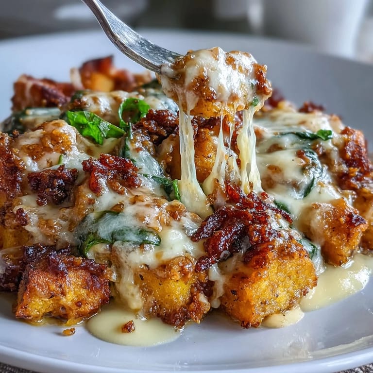 Hearty casserole featuring Italian sausage, butternut squash, and quinoa, baked with gooey mozzarella and Parmesan cheese topping.  