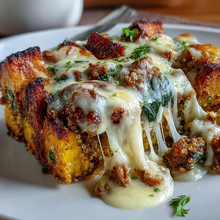 Warm and savory butternut squash casserole with spinach, sausage, and melted cheese, ideal for chilly evenings.