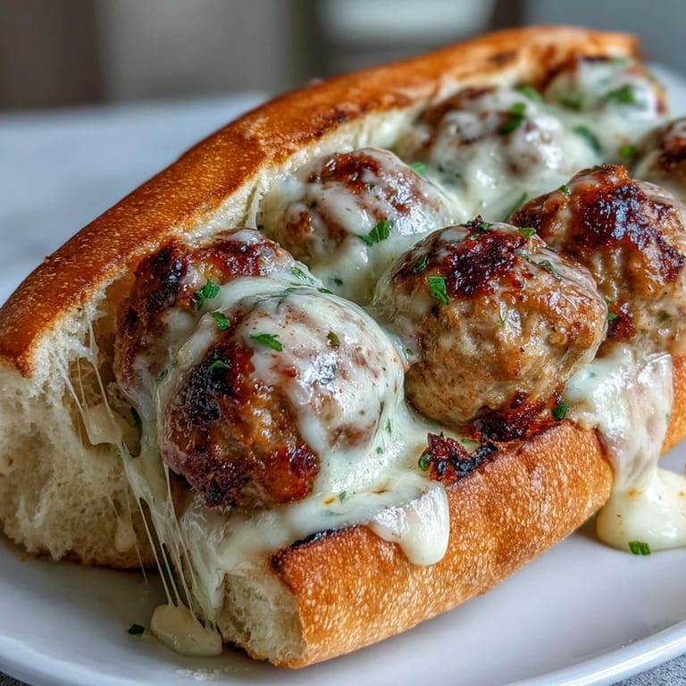 Golden-baked turkey meatballs smothered in creamy garlic-Parmesan sauce, nestled in warm, buttered sub rolls.  