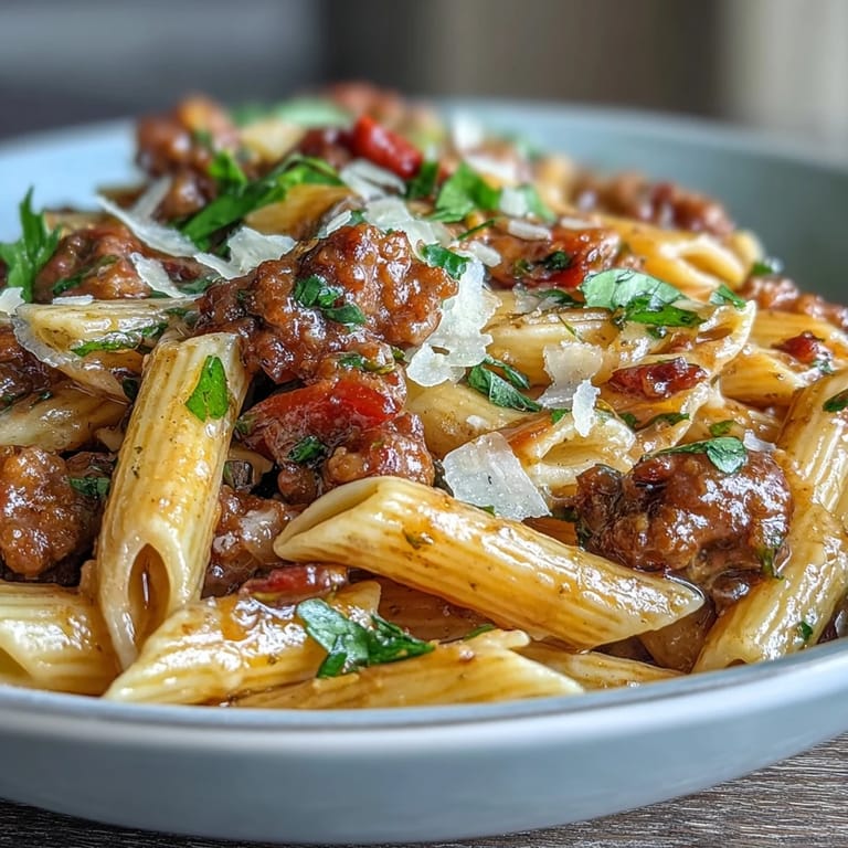 Aromatic One-Pot Creamy Red Wine Sausage Pasta featuring savory sausage, tomatoes, and a silky Parmesan cream sauce.