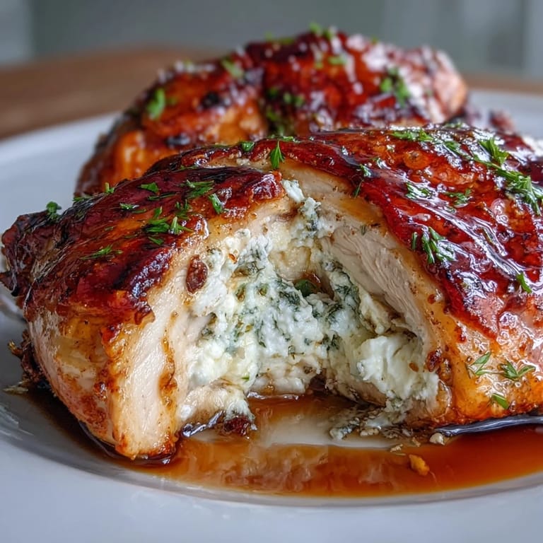 2. Juicy oven-roasted chicken breasts oozing with ricotta cheese filling, finished with a glossy hot honey glaze.  