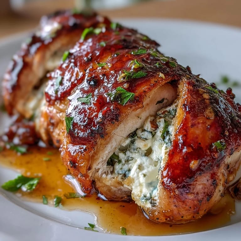 3. Herb-stuffed chicken breasts with ricotta, baked until tender and brushed with a sticky hot honey glaze.