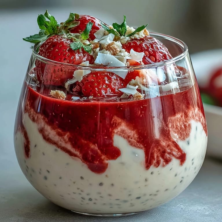 Layered chia pudding with strawberries and coconut milk, a healthy vegan breakfast option that's naturally gluten-free and perfect for weight loss goals.
