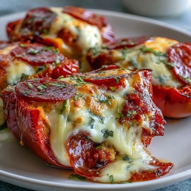 Low-carb bell peppers stuffed with gooey mozzarella, Italian sausage, and pepperoni for a flavorful keto-friendly pizza night.  