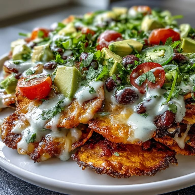 Hearty sweet potato nachos loaded with black beans, zesty cashew queso, and vibrant toppings for a flavorful plant-based meal.