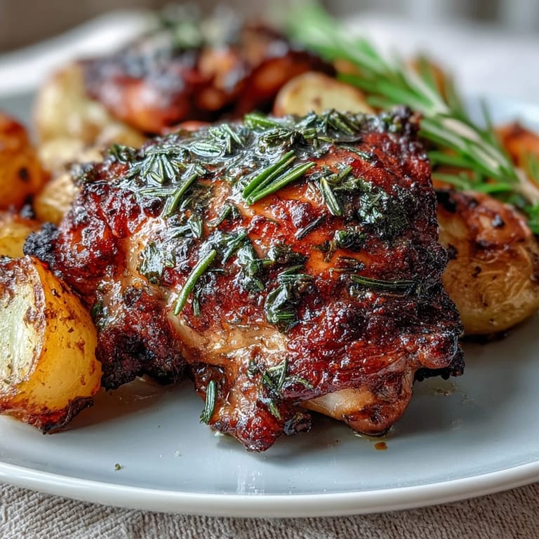 Juicy bone-in chicken thighs roasted alongside vegetables on a sheet pan, creating a flavorful, gluten-free dinner with minimal cleanup.