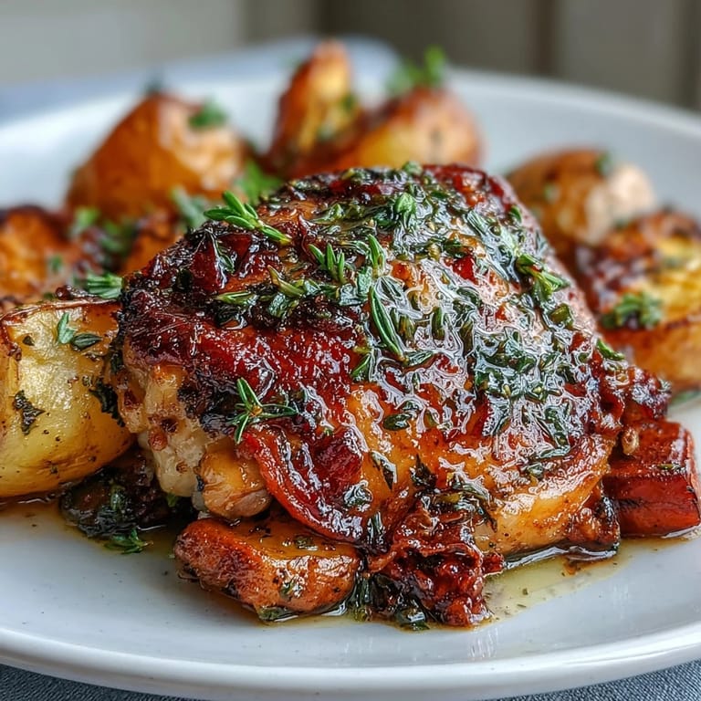 Crispy-skinned chicken thighs baked with tender baby potatoes, sweet carrots, and red onion, all infused with aromatic herbs and smoked paprika.