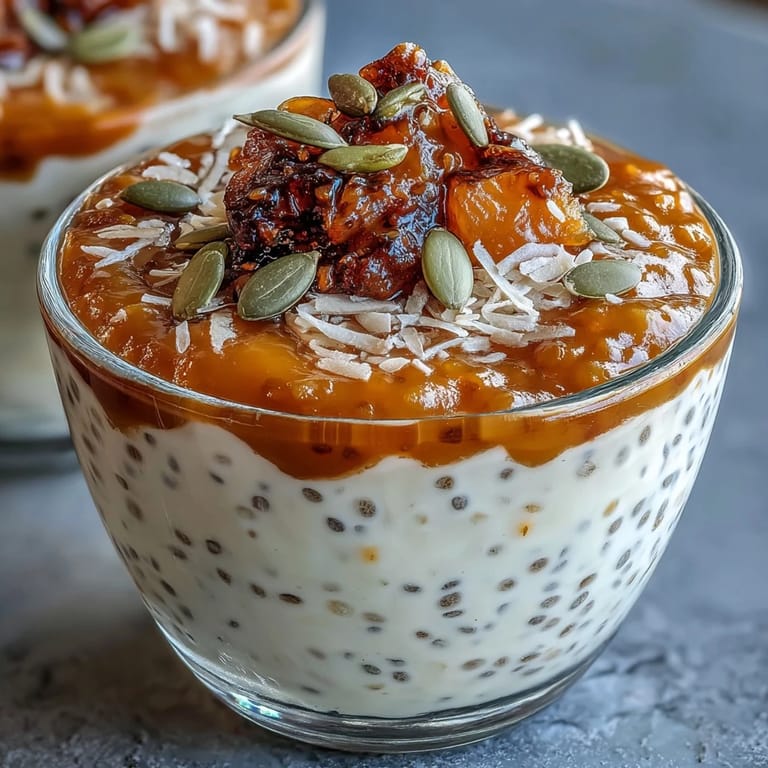 Layered mango coconut chia pudding breakfast cups with vibrant fruit purée and a sprinkle of toasted coconut.