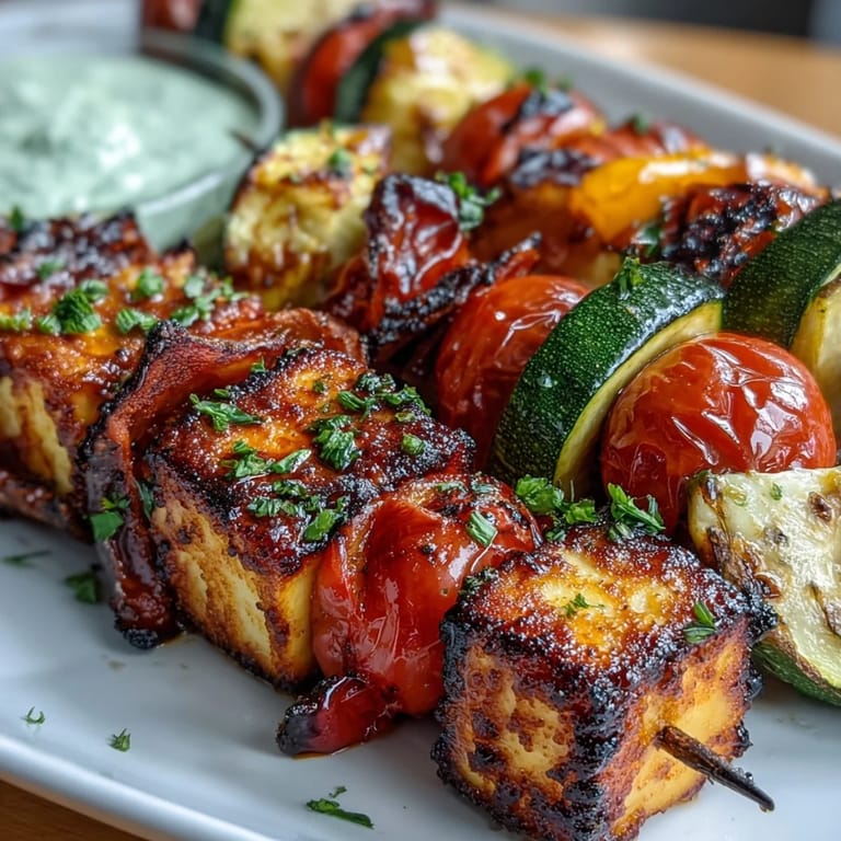 Smoky grilled veggie and halloumi skewers paired with a creamy mint-parsley yogurt dip—ideal for vegetarian barbecues or light dinners.