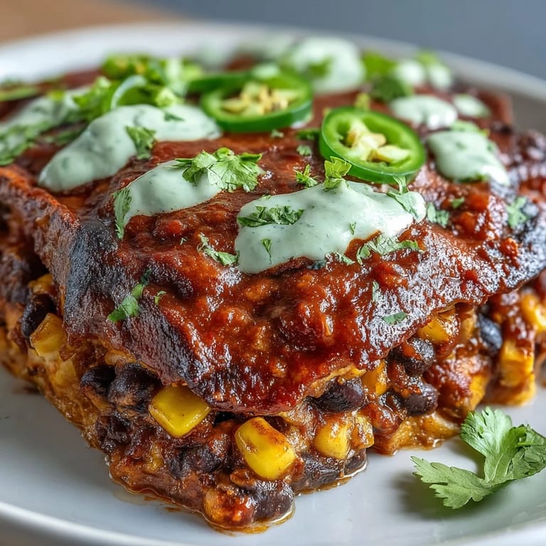 Smoky vegan enchilada casserole with black beans, fresh vegetables, and a luscious avocado cilantro topping.