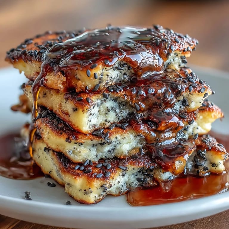 Golden-brown pancakes infused with rich black sesame paste, served stacked and glistening with maple syrup, perfect for a cozy morning.
