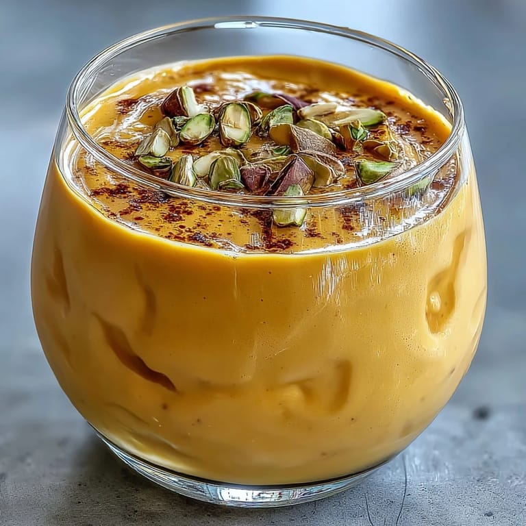 Refreshing mango lassi topped with chopped pistachios, served chilled alongside spicy Indian dishes for a cooling contrast.