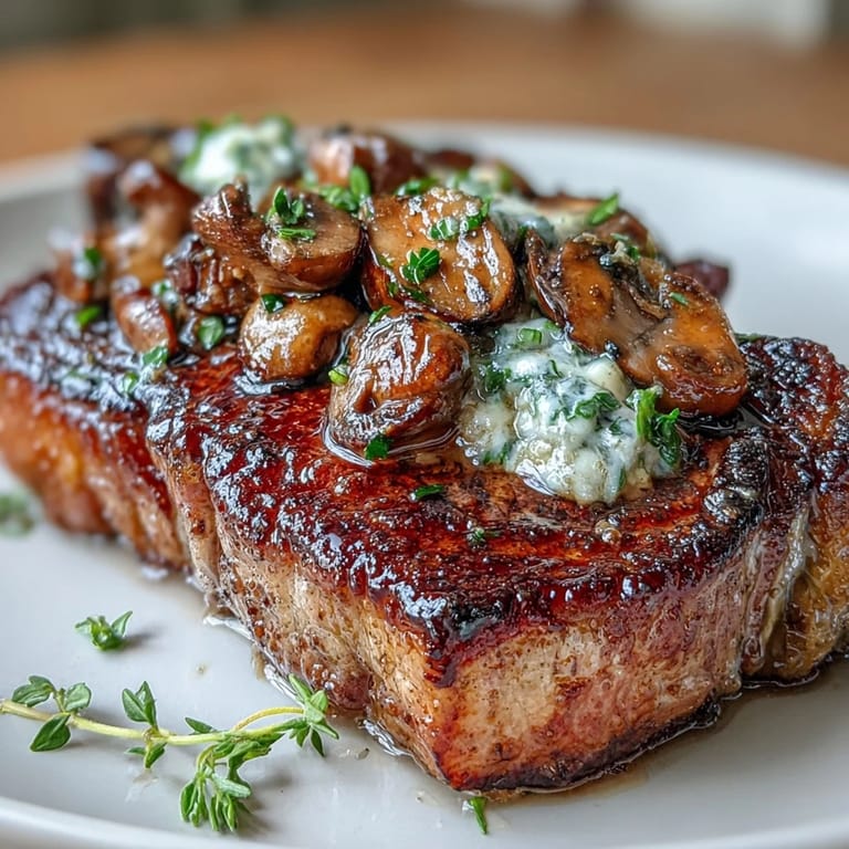 Golden-brown steak glistening with wild mushroom and garlic butter, delivering a savory, earthy aroma and restaurant-quality flavor.