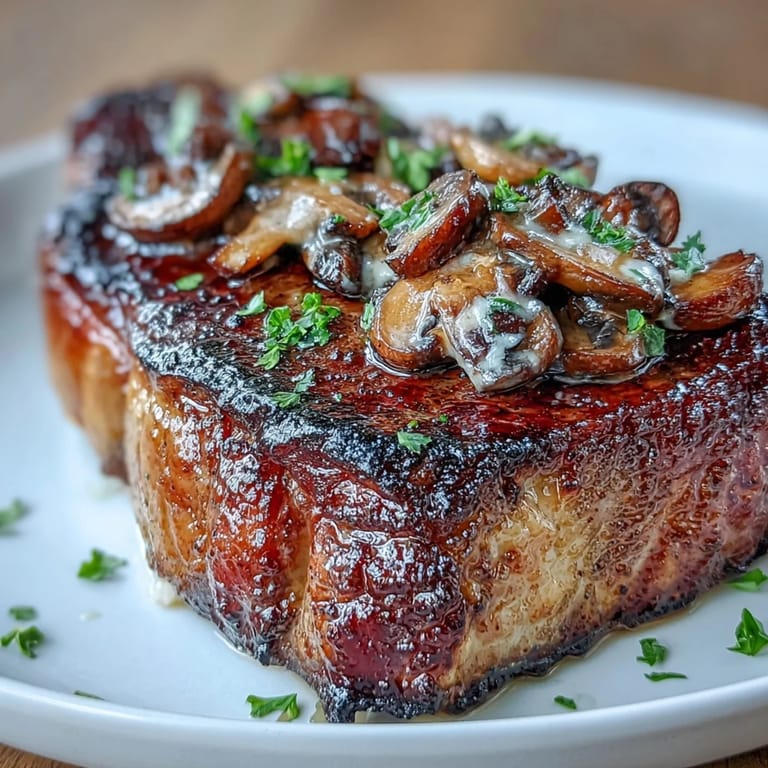 Juicy steak with a luscious wild mushroom and garlic butter topping, paired with fresh herbs for a gourmet dining experience.