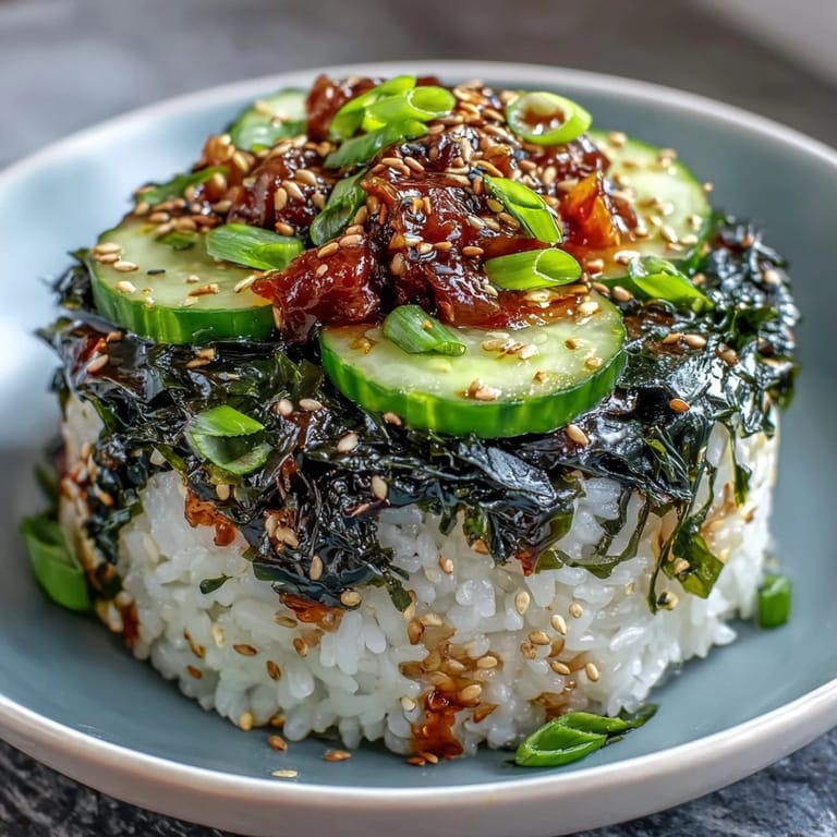 Nourishing seaweed rice bowl featuring seasoned sushi rice, rehydrated wakame, nori, and refreshing cucumber slices.
