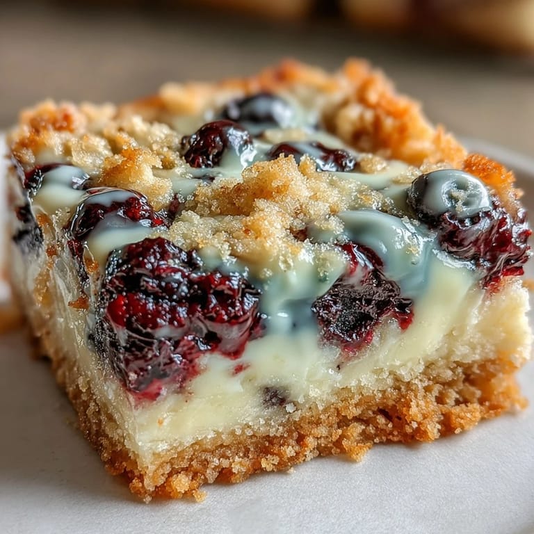 Chewy blondie bars loaded with fresh blueberries and white chocolate, offering a sweet and tangy flavor in every bite.