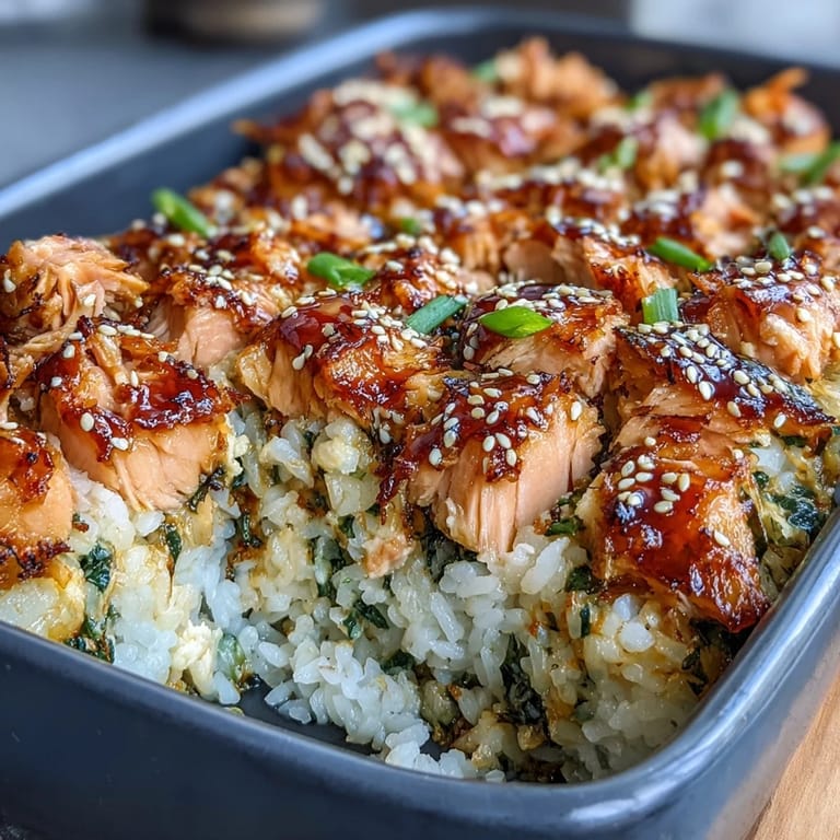Deconstructed salmon sushi bake in a baking dish, featuring seasoned rice, imitation crab, and spicy Sriracha mayo topping.