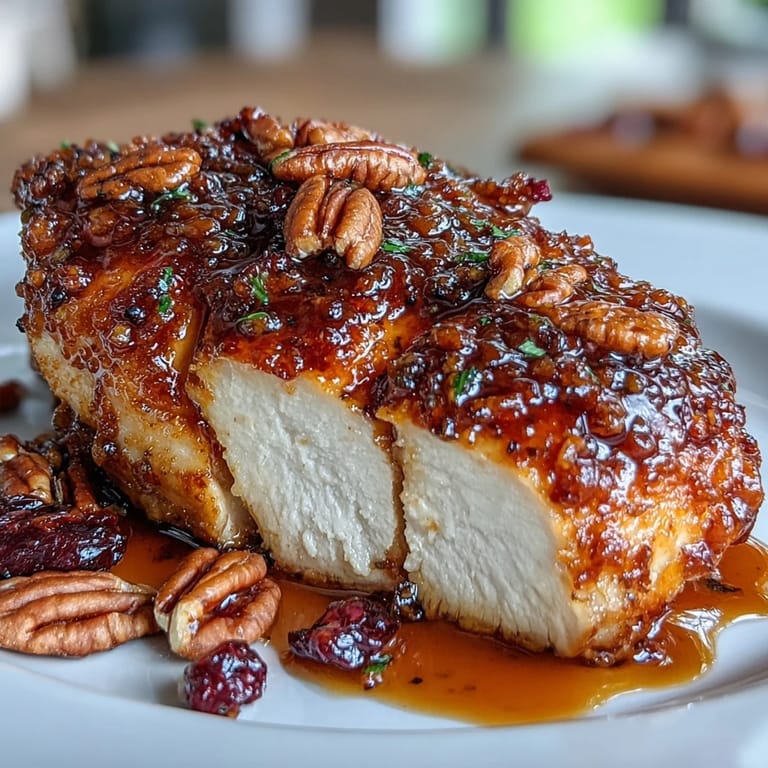 Maple Dijon glazed chicken paired with roasted sweet potatoes, Brussels sprouts, and wild rice, finished with crunchy pecans and dried cranberries.