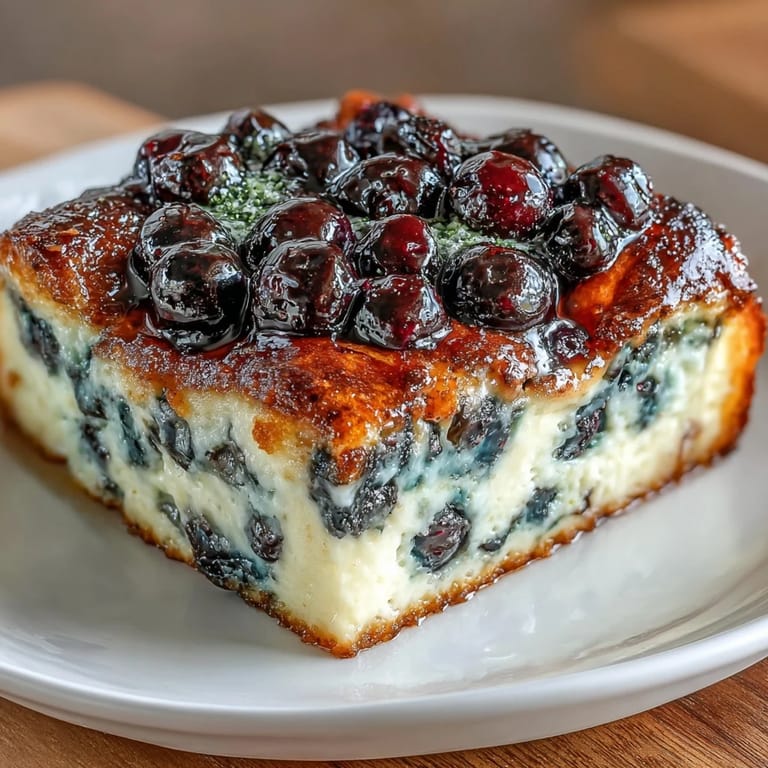 Fluffy, custardy Blueberry Cottage Cheese Breakfast Bake baked to golden perfection, studded with sweet berries and a hint of vanilla.  