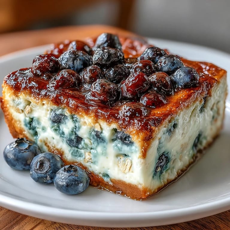 Make-ahead Blueberry Cottage Cheese Breakfast Bake with oats and chia seeds, offering a wholesome, high-protein morning meal.