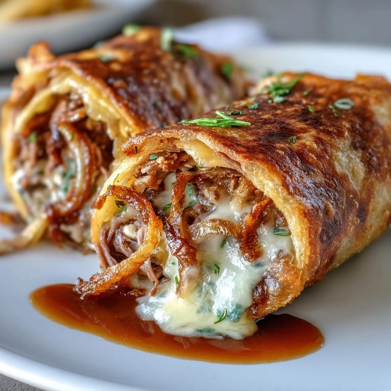 Savory French dip-inspired tortilla wraps loaded with tender roast beef, provolone cheese, and crispy onions, perfect for hand-held dipping.  