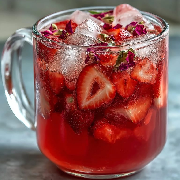 Refreshing homemade strawberry rose lemonade served over ice with mint sprigs and a colorful array of fruit garnishes.