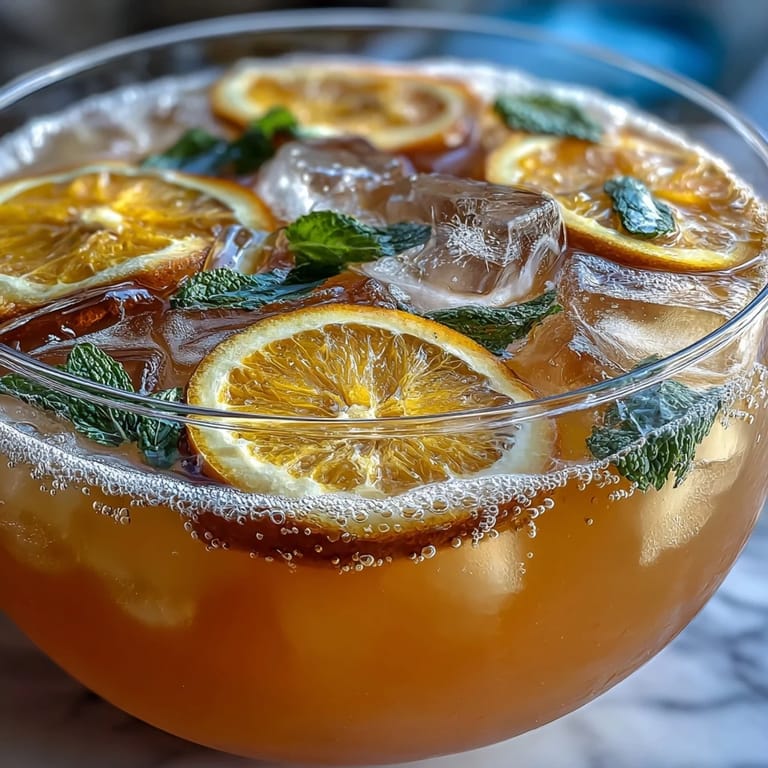 A festive citrus punch featuring bubbly sparkling water, fresh fruit slices, and a hint of mint garnish.