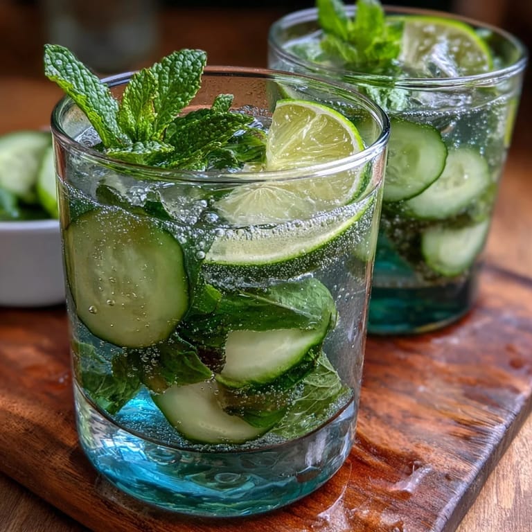 Chilled cucumber and mint infused sparkling water served in a clear pitcher, garnished with fresh lime and mint sprigs.