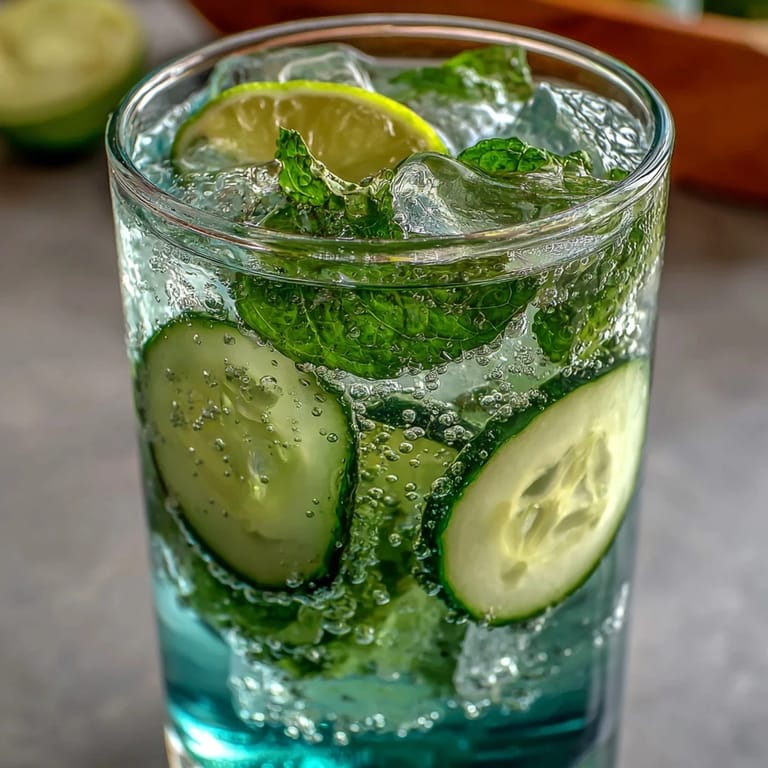 Sparkling water infused with crisp cucumber slices and fragrant mint leaves, ideal for a light, hydrating beverage.