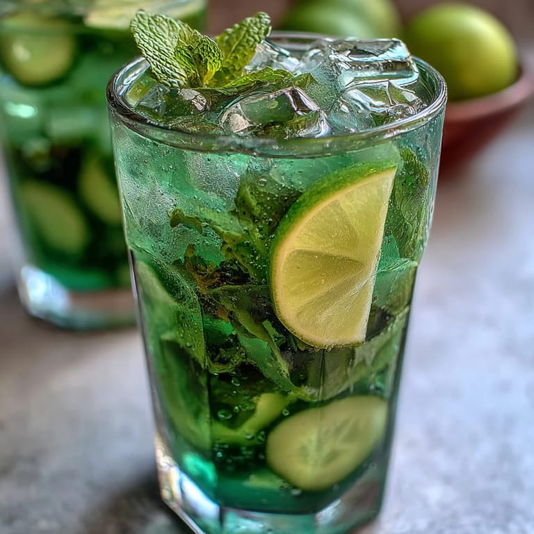 Crisp green mojito with lime, cucumber, and mint, garnished with extra herbs and perfect for summer refreshment.