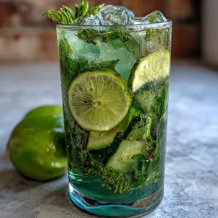Vibrant alcohol-free mojito featuring muddled cucumber, lime wedges, and fresh mint leaves, topped with sparkling water.  