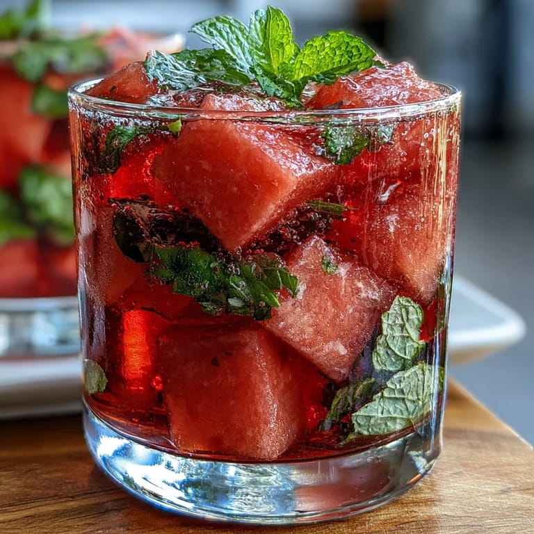 A close-up of colorful watermelon and aromatic mint in cold water, creating an inviting, thirst-quenching beverage for health-conscious guests.