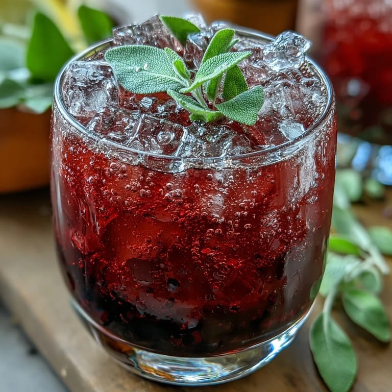 Crushed ice topped with muddled blackberries and sage, lemon juice, and sparkling water for a zesty non-alcoholic cooler.