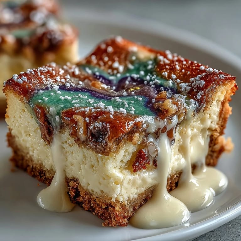 Creamy Mardi Gras-inspired cheesecake bars featuring marbled colors and a buttery cinnamon base, perfect for celebrations.  