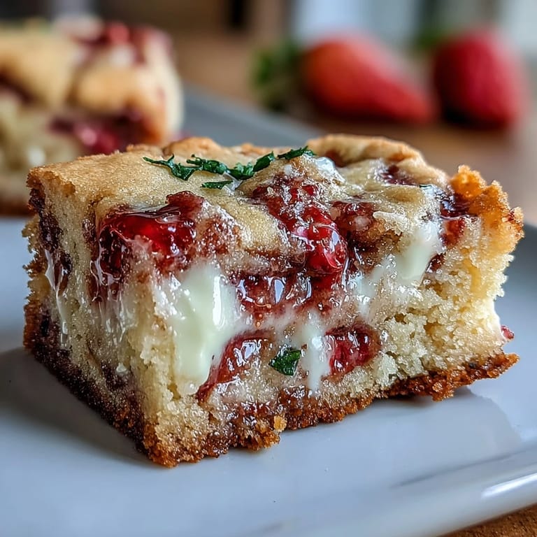 Buttery cookie bars loaded with diced strawberries and creamy white chocolate chunks, perfect for spring picnics or afternoon treats.