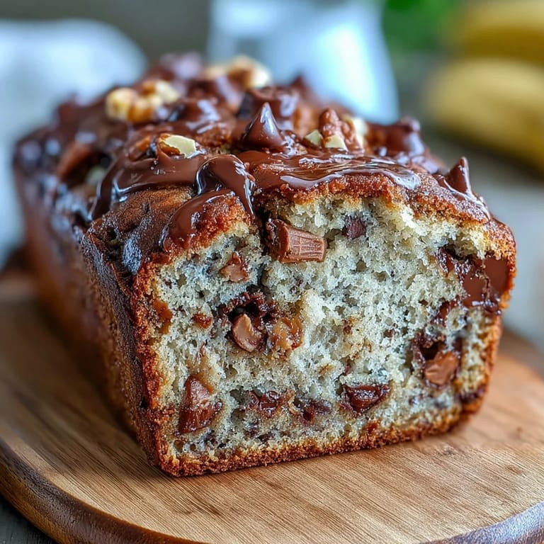 Rich, moist peanut butter cup banana bread loaded with gooey chocolate chips and swirled peanut butter, perfect for dessert lovers.