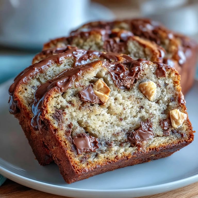 Slice of indulgent banana bread studded with peanut butter cups and chocolate chips, offering a sweet, nutty, and chocolatey bite.